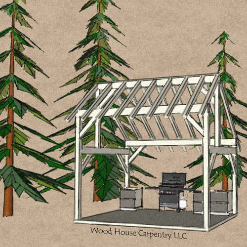 rendering of a saltbox timber framed outdoor kitchen