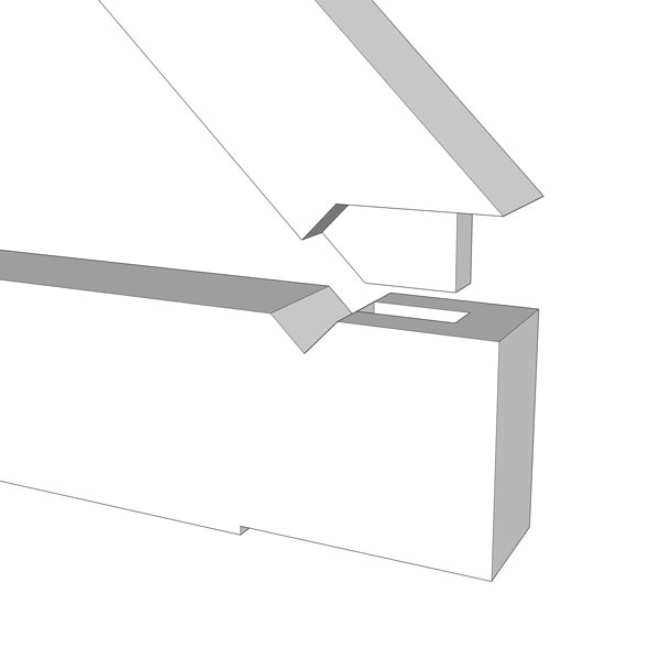 3d rendering of rafter with a tenon above a tie beam with a mortise.