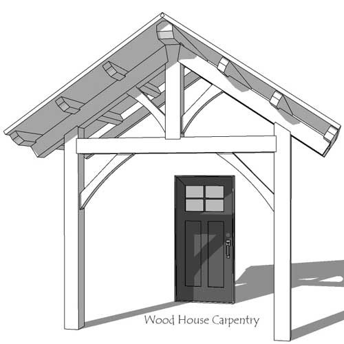 timber framed porch roof with two posts for support