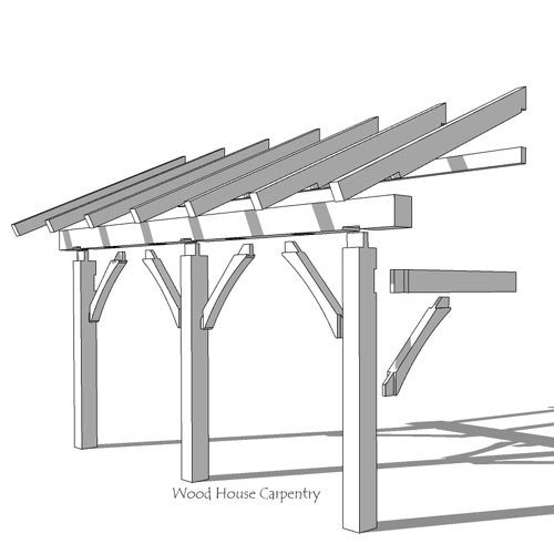 exploded cad drawing of timber framed front porch roof