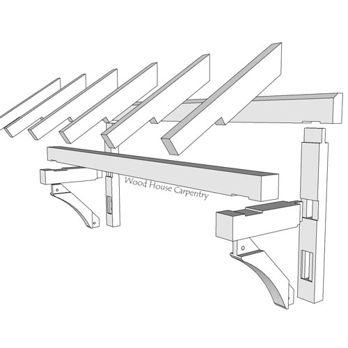 exploded view a timber framed roof with mortise and tenon joiner