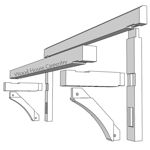 exploded view of two timber framed brackets and beams forming a roof