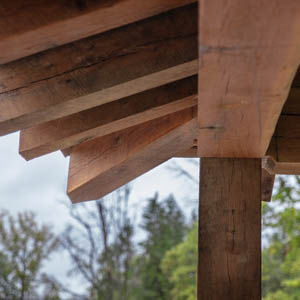Close-up of hand-cut White Oak rafter tails and structural beam joinery on a porch roof.